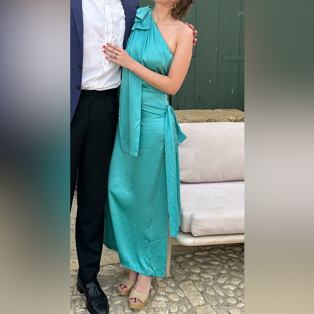 Aqua blue silk one shoulder midi dress